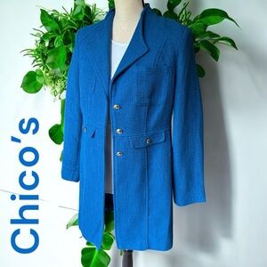 Chico’s-baroque blue 3-button woven overcoat/jacket. Size 4/6. So chic! Like new